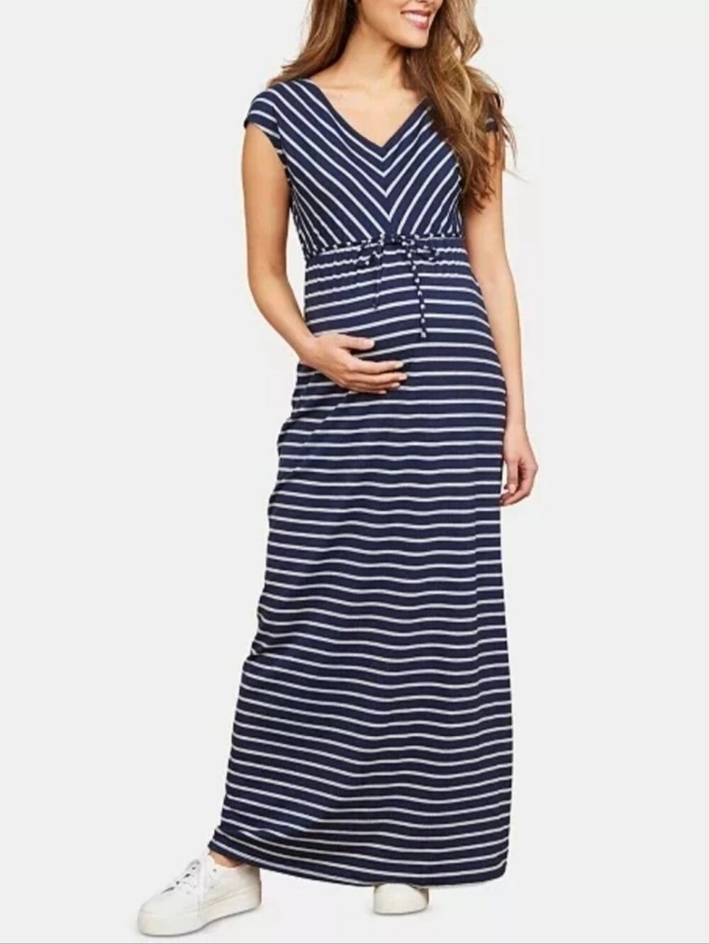Stretch Navy Gray Striped Maxi Dress Motherhood Maternity
